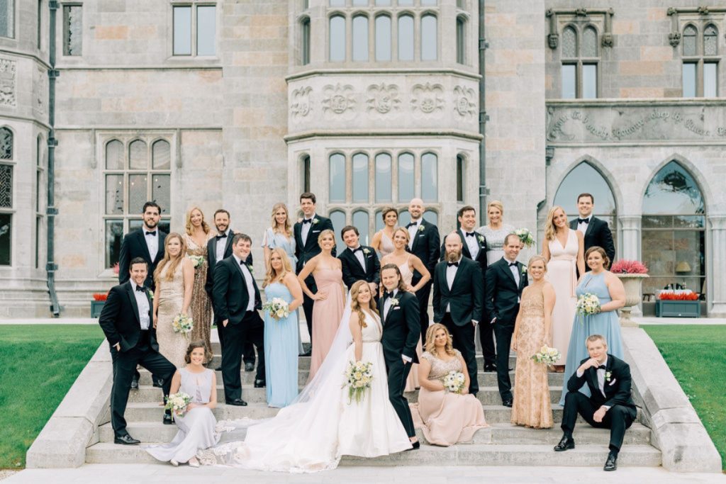 Bridal party on the steps of Adare Manor.